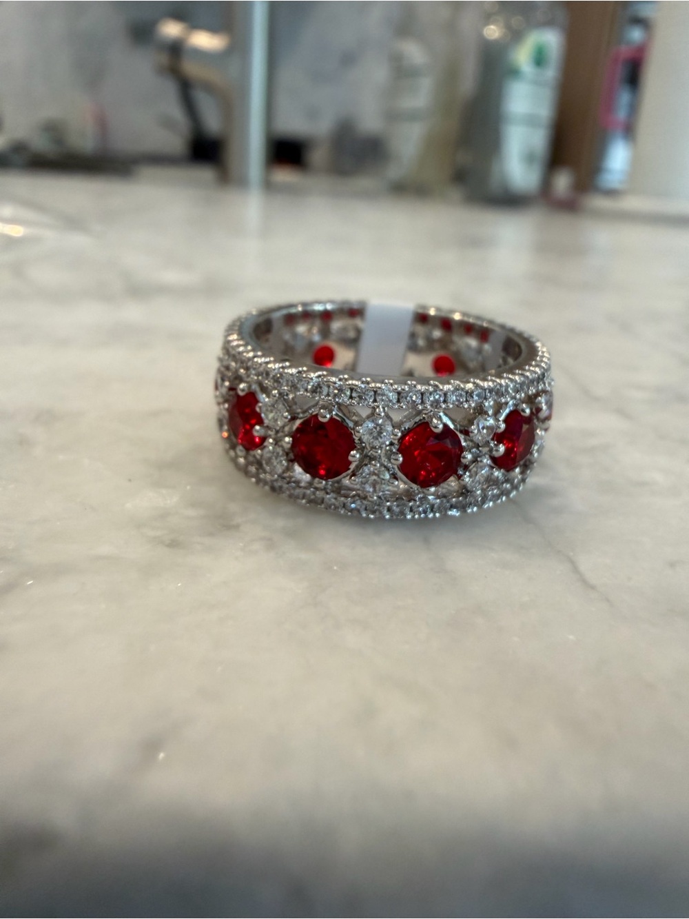 Sterling Silver Ring with Red Gemstone Halo - Women's Fashion Ring